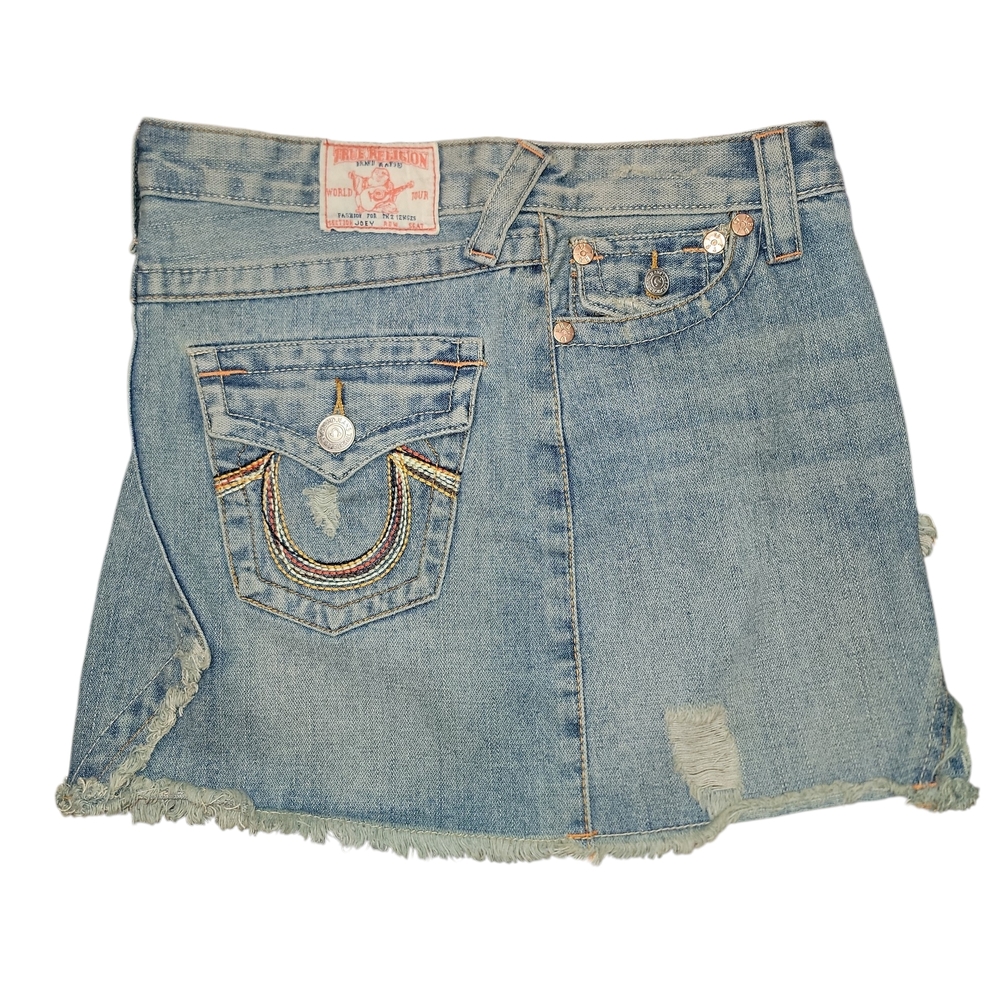 Rare Vintage True Religion Joey Jean Mini Skirt Frayed Hem Rainbow Stitching